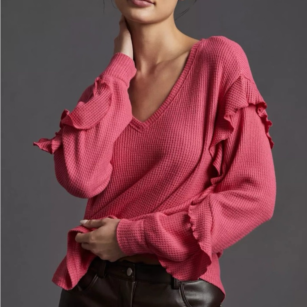 Anthropologie Waffle Pink Ruffle Sleeve Top
